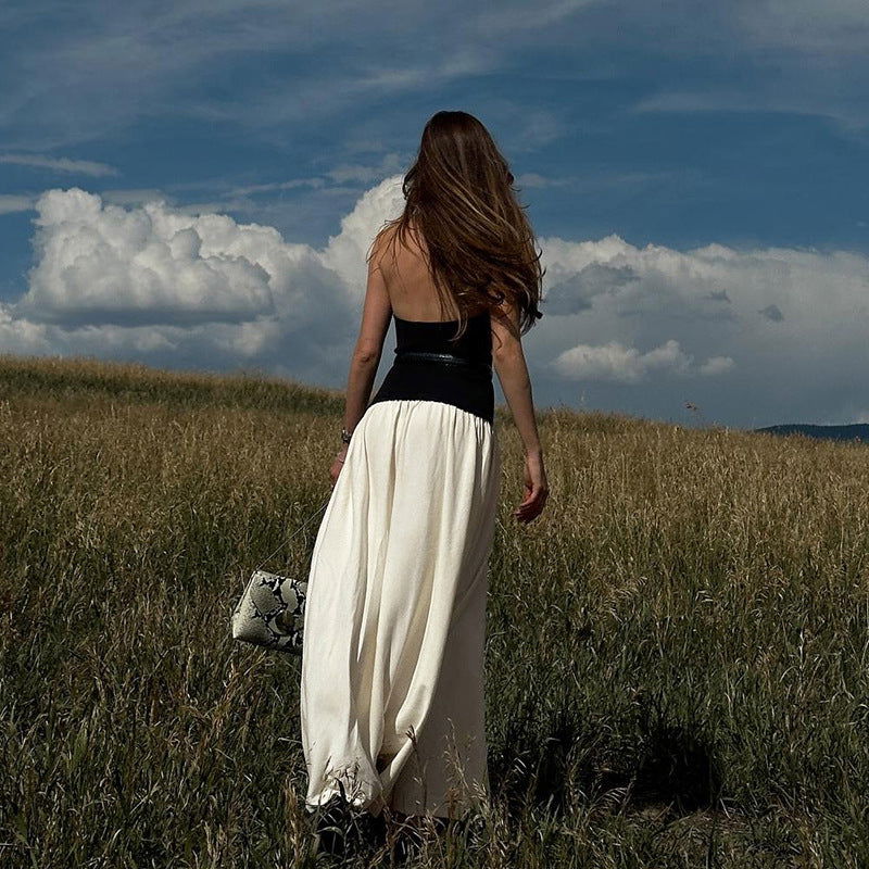 Fall Loose Backless Stitching Pleated Slim Mop Dress