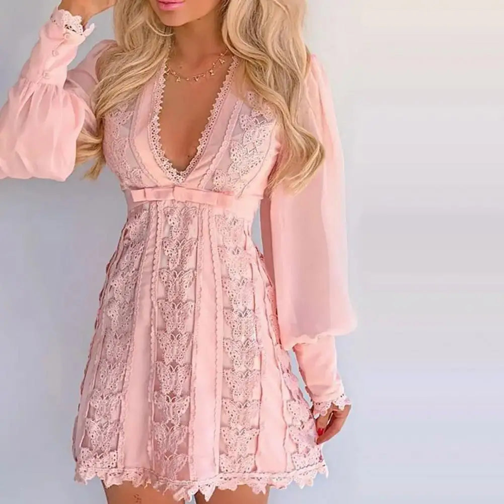 Deep V-Neck Butterfly Lace Lantern Sleeve Mini Dress