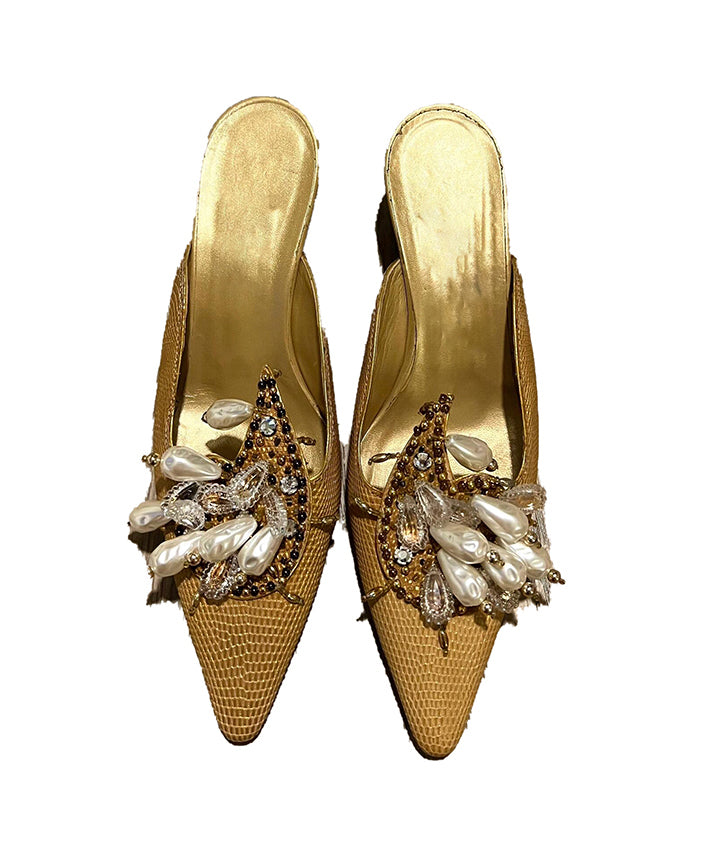 Golden Slide Sandals 2025 New French Pointed Toe Bead Decorated