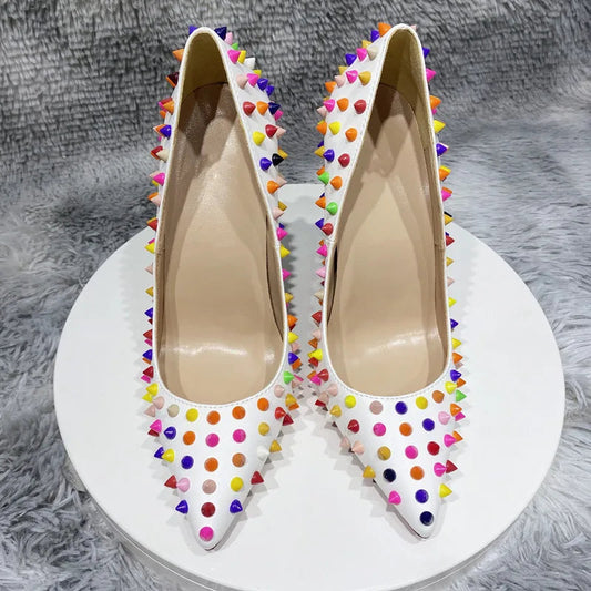 White Matte Pointy Toe High Heel Celebrity Party Shoes with Multi-Color Spikes for Women