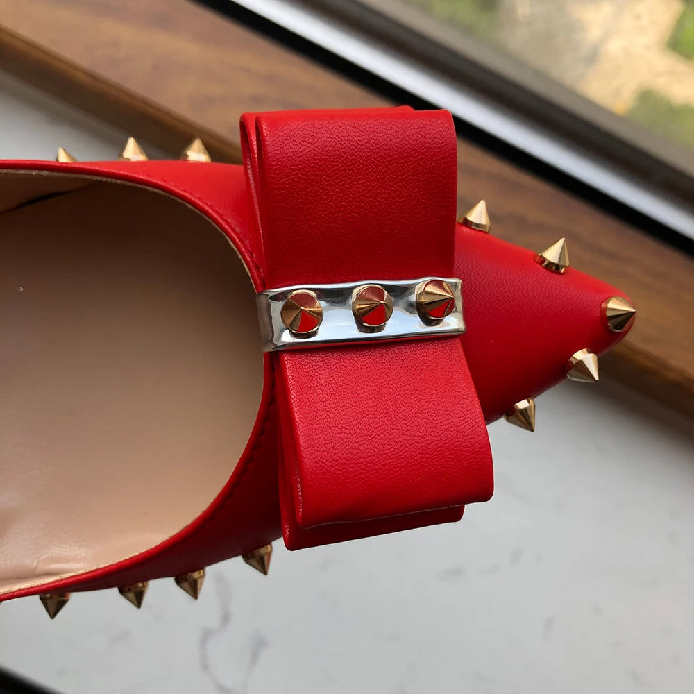 Red Matte Pointy Toe High Heel Shoes with Bow Spikes Rivets Stiletto Pumps for Women