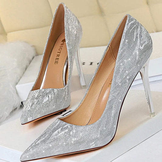 Silver Champagne Sequins Stiletto Wedding Shoes Women High Heels