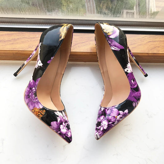 Purple Flower Print Women Patent Pointy Toe High Heel Shoes