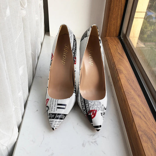 White Pointy Toe High Heel Dress Shoes with Graphic Print for Women