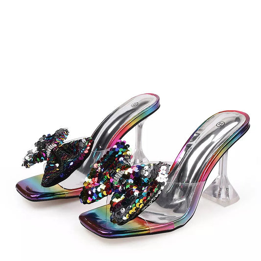 Clear PVC Crystal Heeled Women Slippers