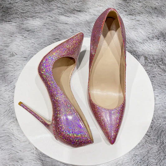 Pink Sequined Women Pointed Toe High Heels for Wedding Party and Bridal Shoes