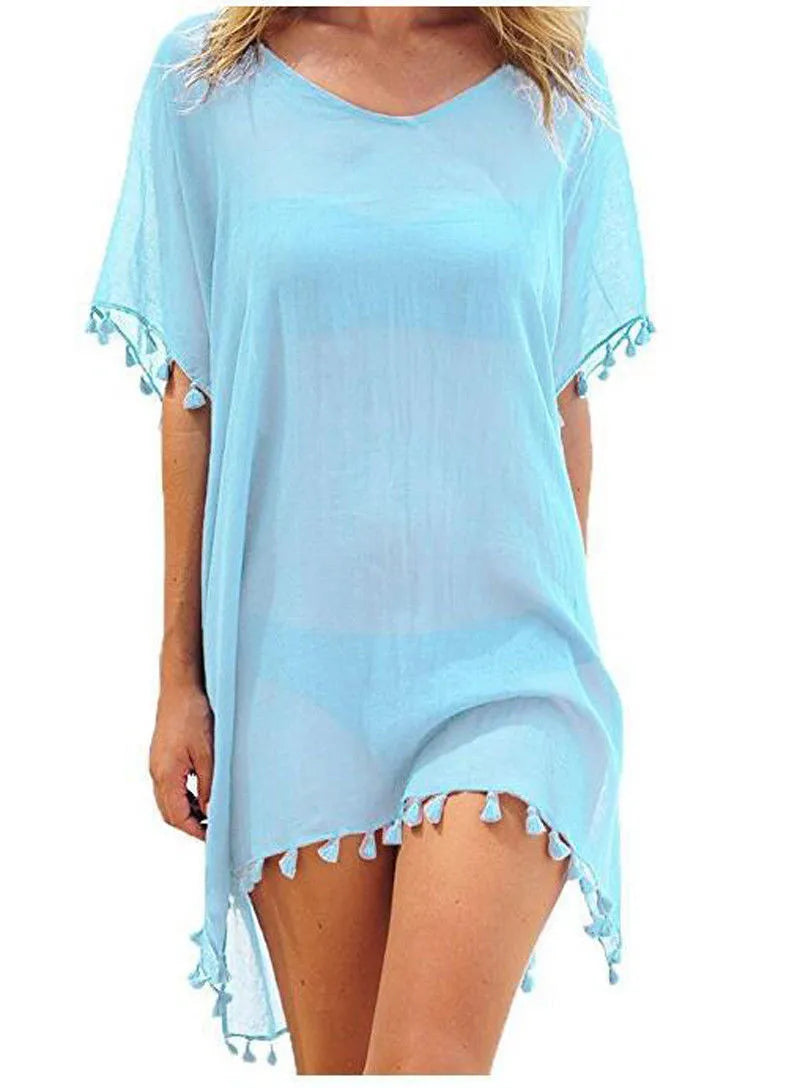 Lace Trim Tassel Fringe Sheer Scoop Neck Handkerchief Hem Beach Cover Up Dress