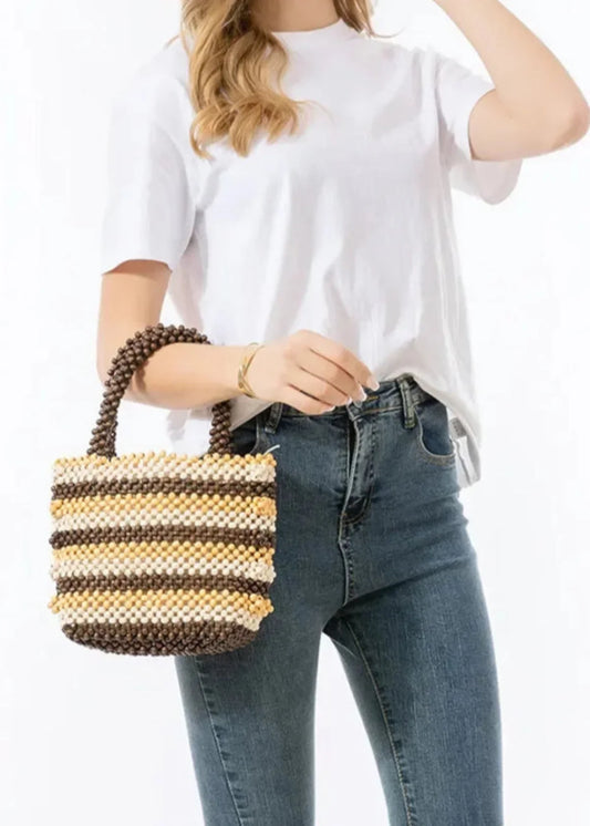 Handcrafted Striped Bead Tote Bag | Structured Handle
