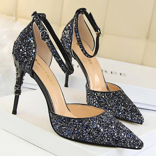 Sequined High Heel Stiletto Pumps in Gold and Silver