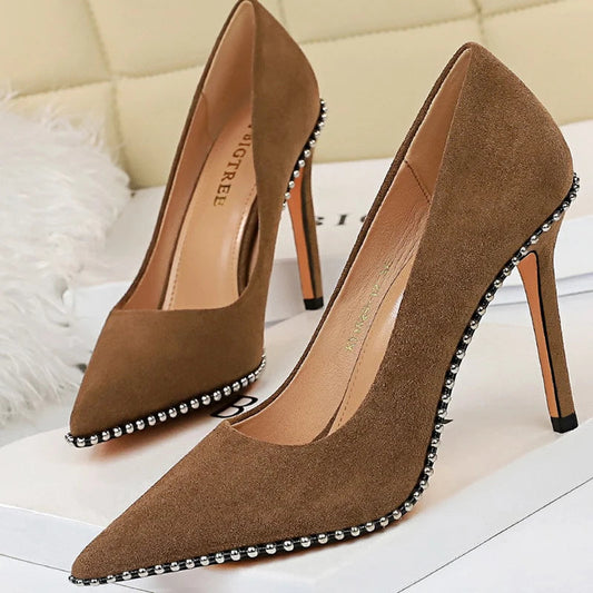 Metal Beads Black Suede High Heel Stiletto Wedding Shoes Women Pumps