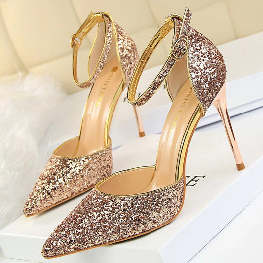 Sexy High Heels Sequins Women Pumps Fashion Wedding Shoes Hollow
