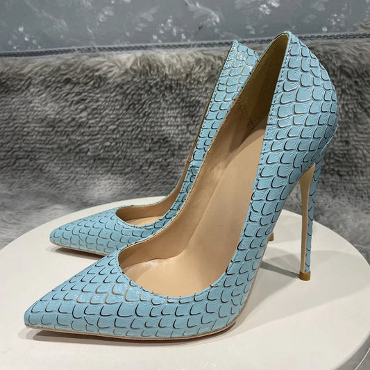 Crocodile Effect Women Pointy Toe Slip On High Heel Stiletto Pumps