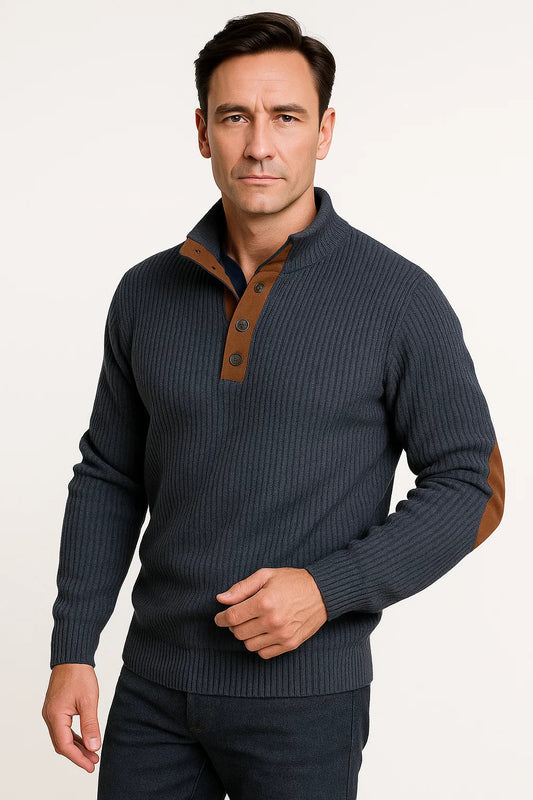 Men's Ribbed Knit Sweater | Button Collar & Suede Elbow Patches