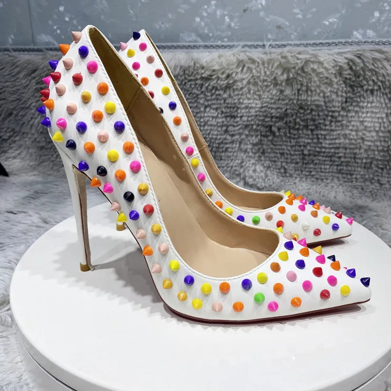 White Matte Pointy Toe High Heel Celebrity Party Shoes with Multi-Color Spikes for Women