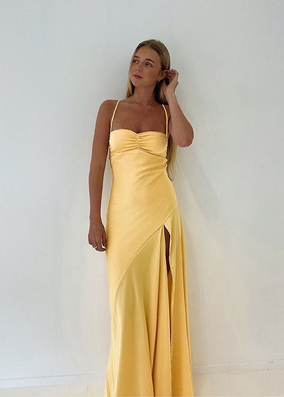 Butter Yellow Satin Maxi Dress with Thigh Slit