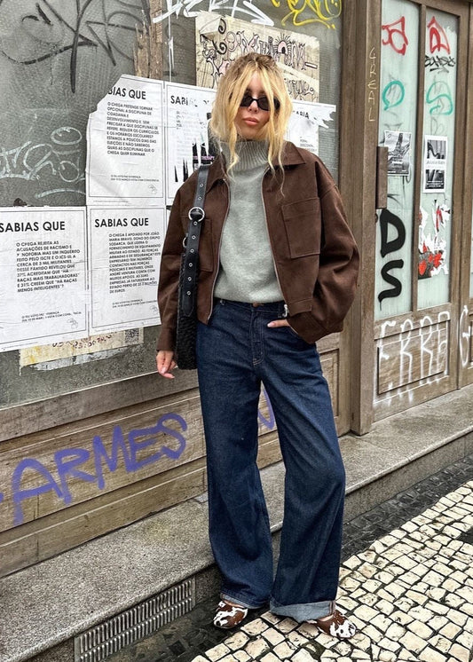 Cropped Brown Jacket – Zip Front Faux Suede Outerwear