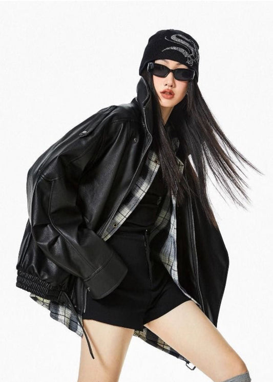 Oversized Faux Leather Jacket – Black Moto Style with Wide Collar