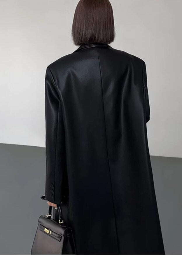 Oversized Faux Leather Long Coat – Women’s Dark Brown Single-Breasted Jacket