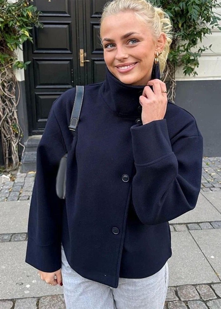Aurora High Neck Wool Blend Jacket – Navy Blue Minimalist Coat