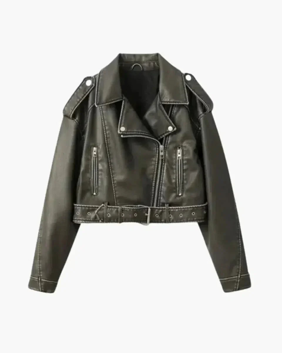 | Cropped Fitted Belted Biker Jacket