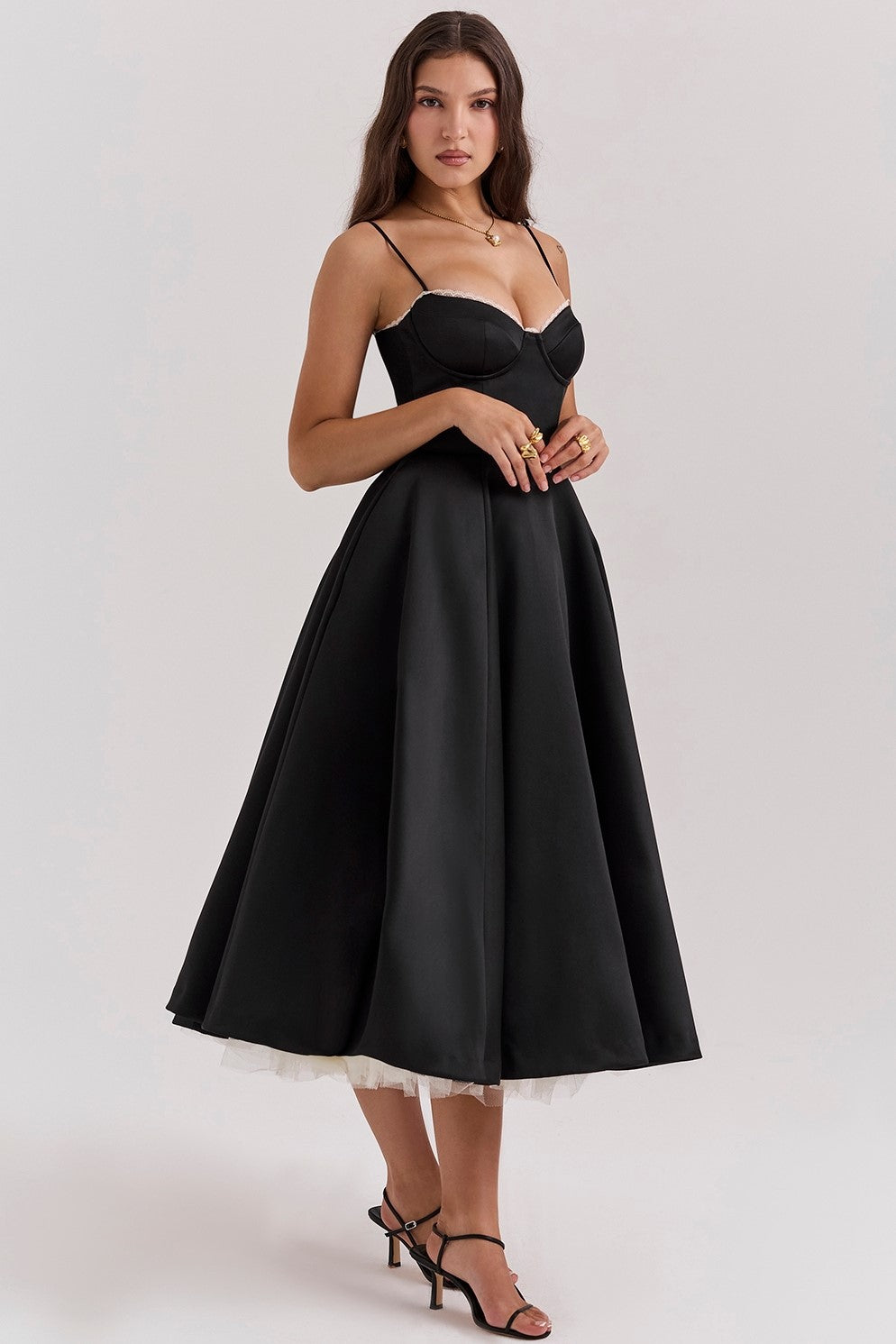 Corset Bustier Sweetheart Lace Trim Tulle Underskirt Midi Dress