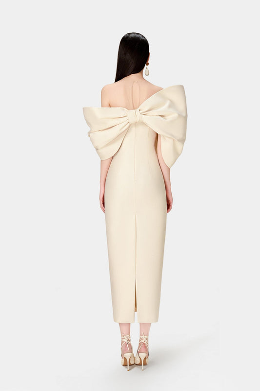 Bow Off-Shoulder Asymmetrical Midi Dress