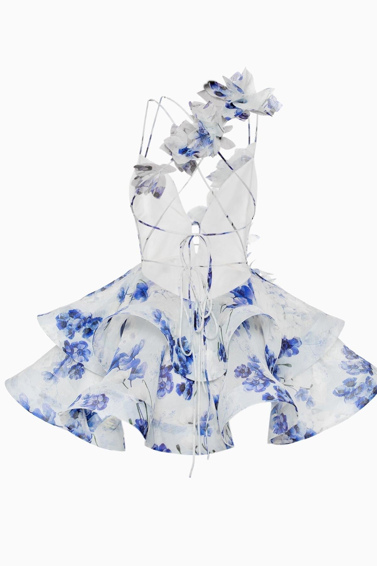 Floral Print Plunging V-Neck 3D Flower Applique Tiered Ruffle Mini Dress