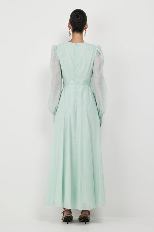 3D Flower V-Neck Lantern Sleeve Midi Dress