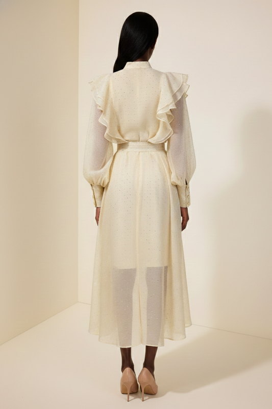 Chiffon Rhinestone Ruffle Maxi Dress With Belt