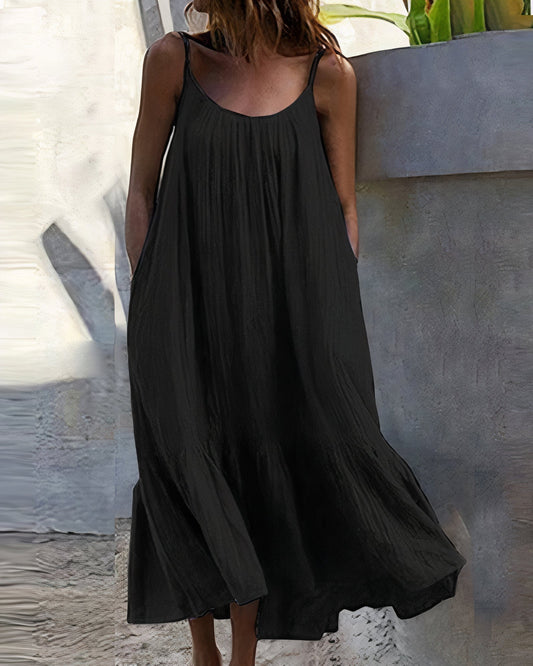 Crinkled Gauze Spaghetti Strap Scoop Neck Pocket Tiered Maxi Dress