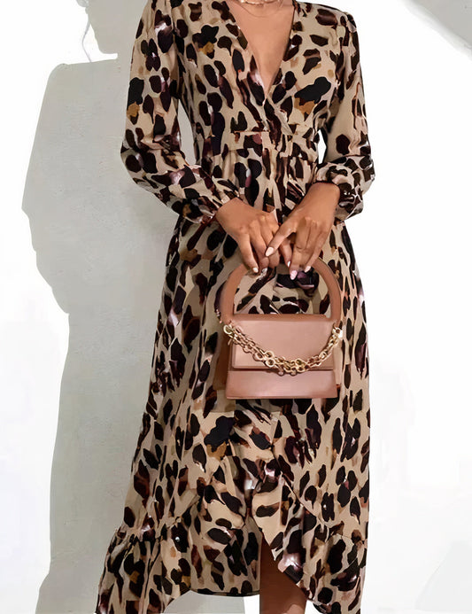 Print Wrap Tie Waist Ruffle Hem Long Sleeve Maxi Dress