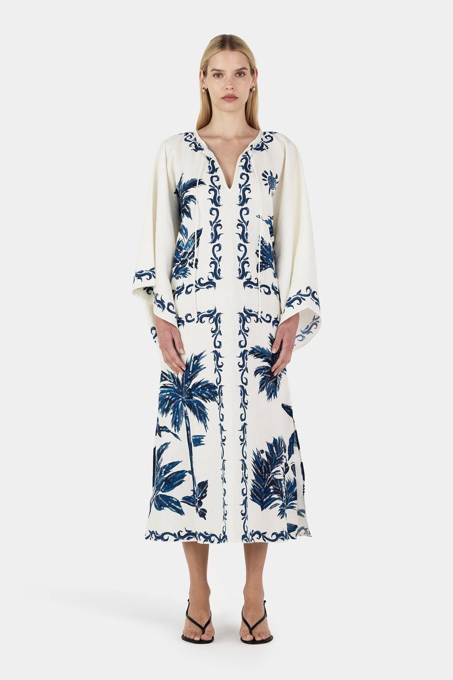 Tropical Palm Print Kimono Sleeve Tie Neck Caftan Maxi Dress