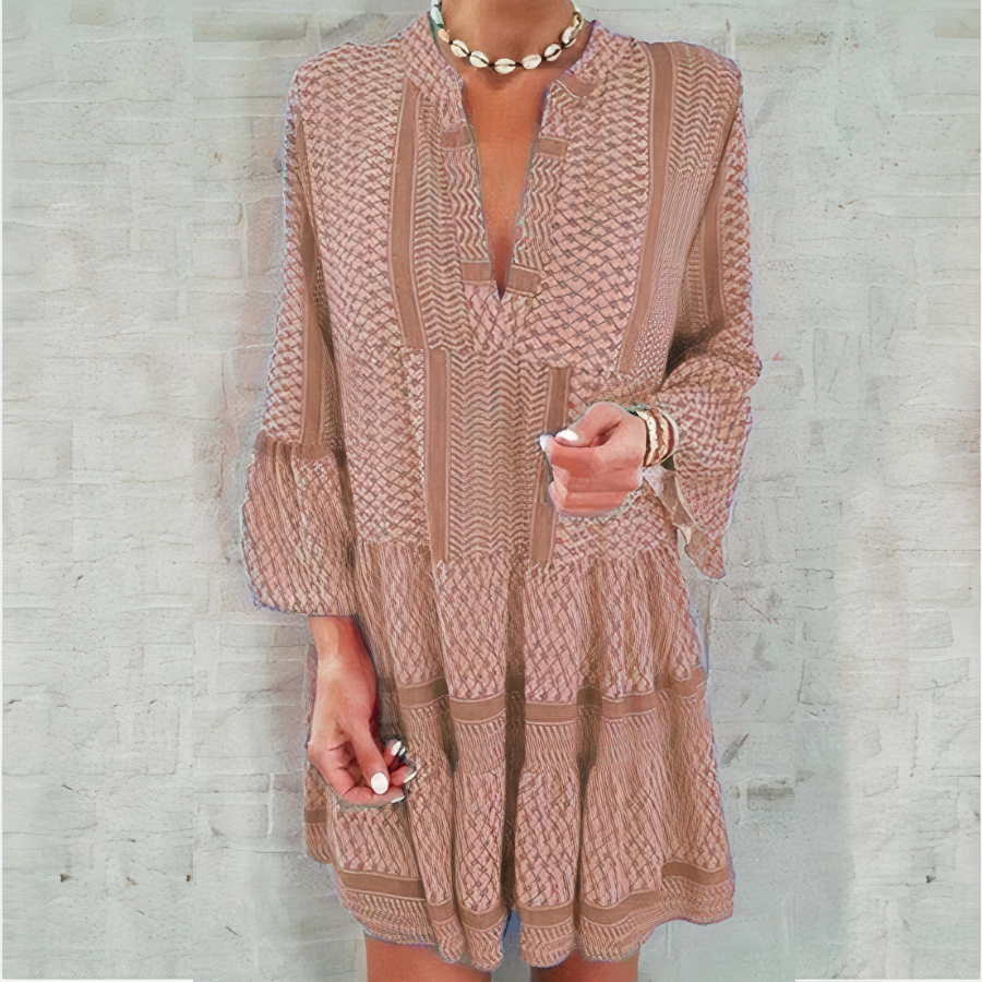 Geometric Print Tiered V-Neck Three-Quarter Sleeve Mini Dress
