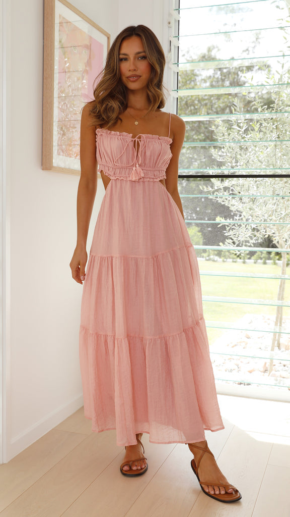 Spaghetti Strap Tie Front Side Cut Out Tiered Linen Look Midi Dress