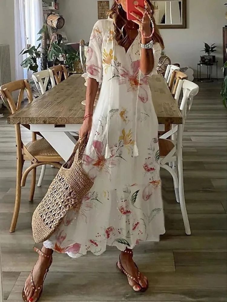 Paisley Print V-Neck Short Sleeve Scalloped Hem Relaxed Maxi Dress