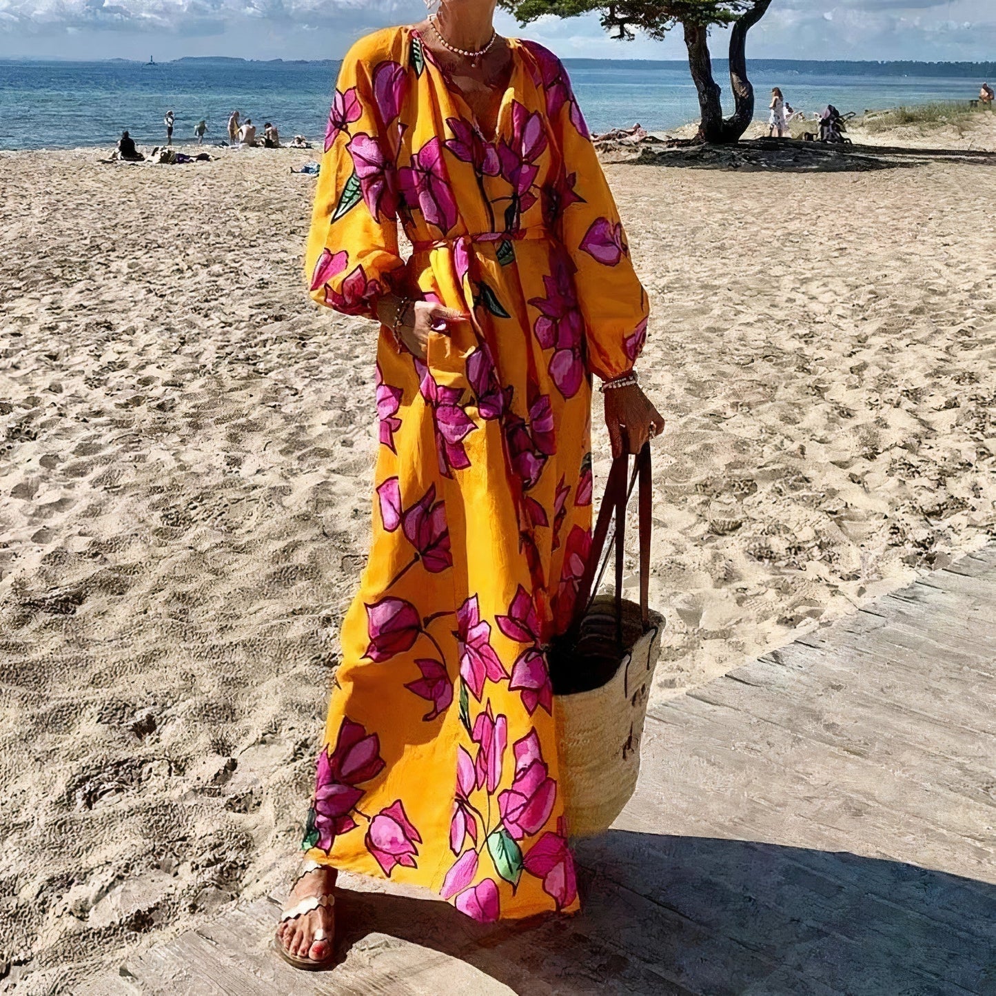 Floral Print Deep V-Neck Balloon Sleeve Tie-Waist Pocket Maxi Dress
