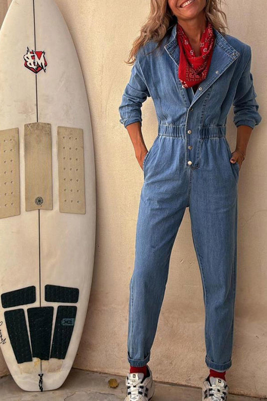 Lapel Button-down Elastic Waist Denim Jumpsuits