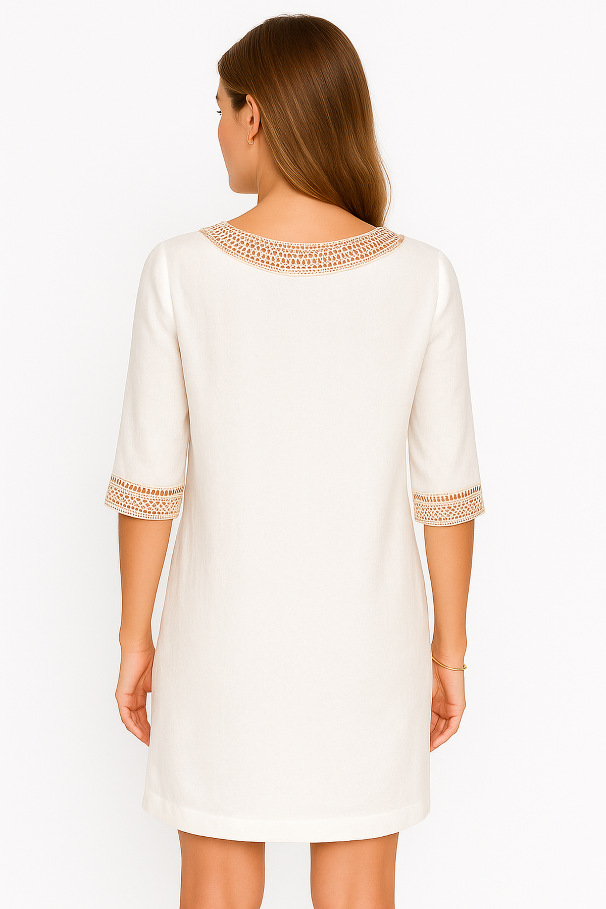 Linen Blend V-Neck Dress | Lace Trim | Knee Length