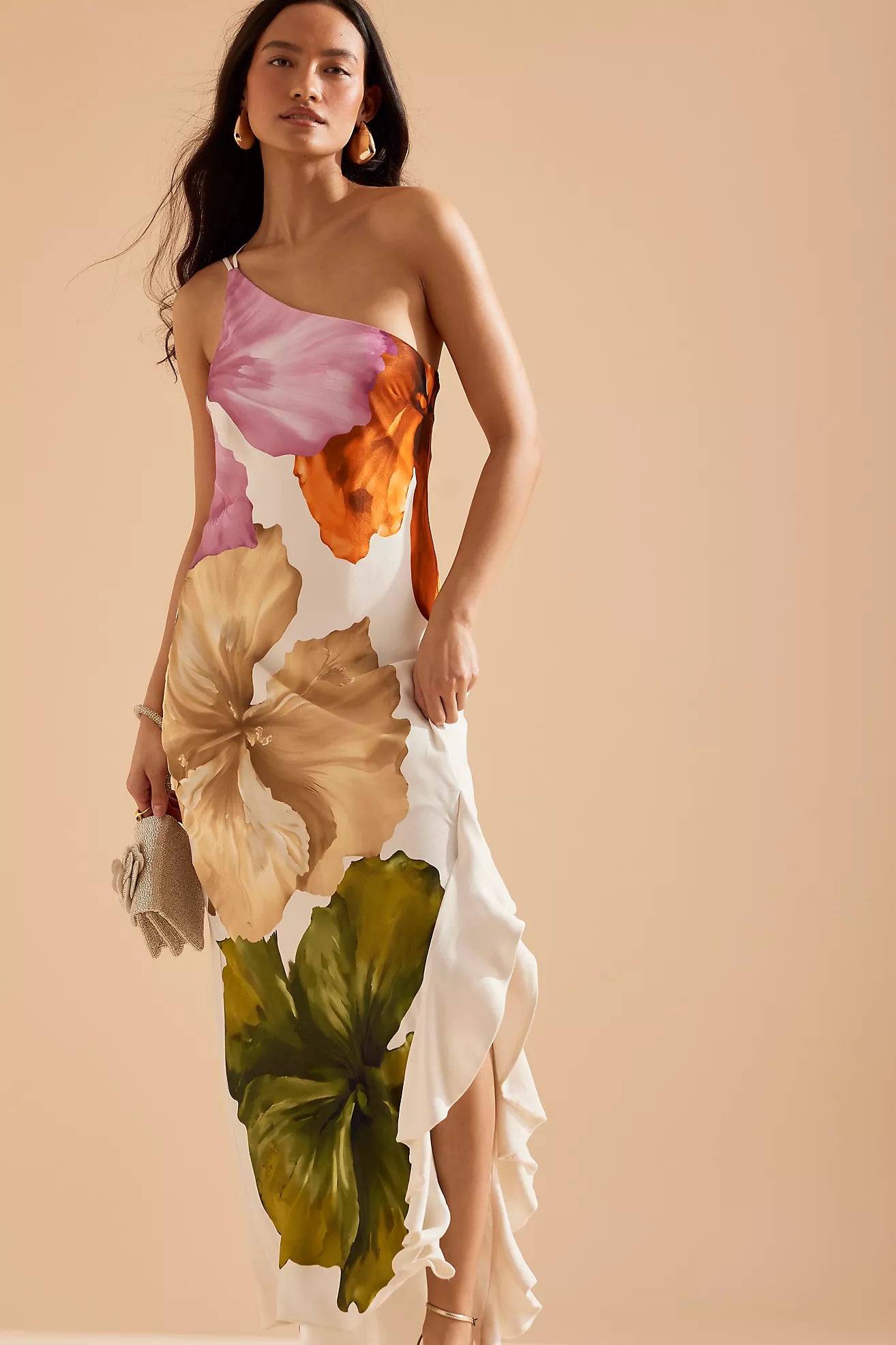 | Floral Drape One-Shoulder Maxi Dress