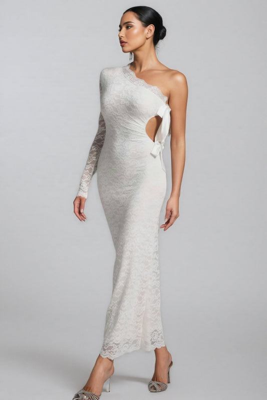Sylase One Shoulder White Lace Maxi Dress