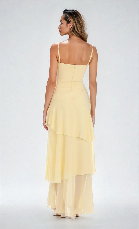 | Layered chiffon spaghetti strap gown