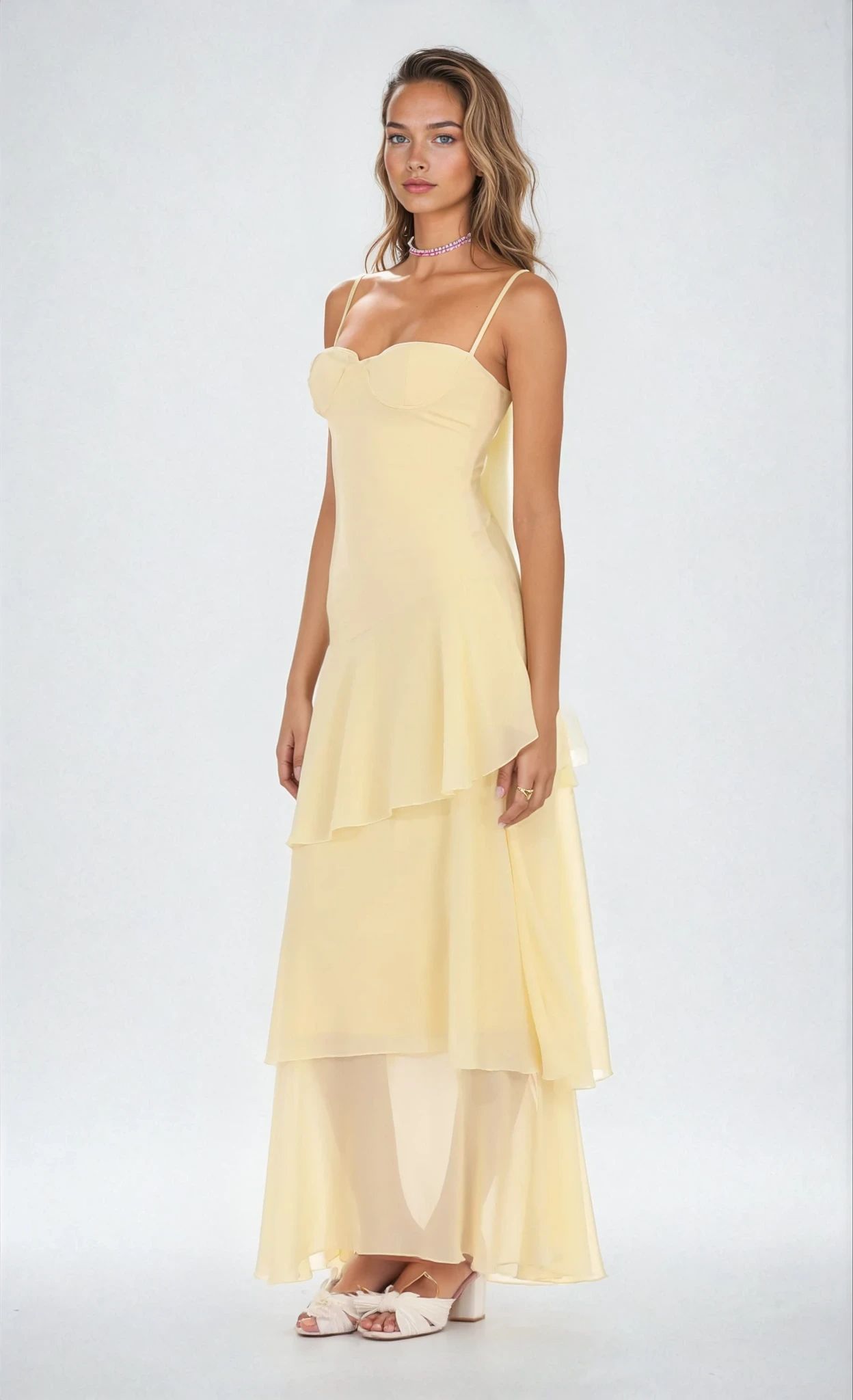 | Layered chiffon spaghetti strap gown