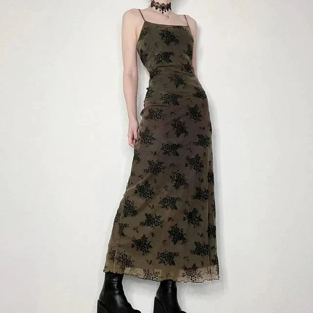 Floral Print Spaghetti Strap Lettuce-Hem Mesh Maxi Dress