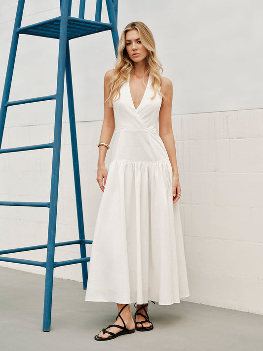 Maxi Cotton Halter Dress with V-Neck and Open Back – Elegant Summer Women's Dress
