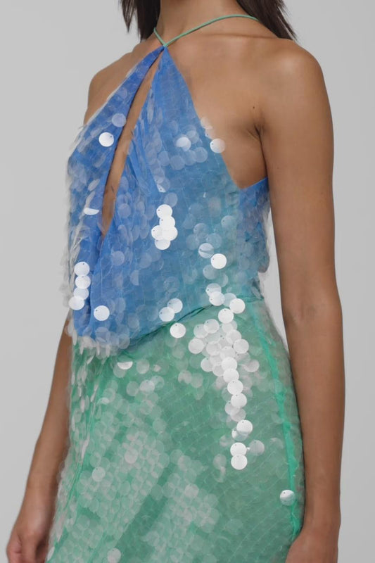 | Shimmering Gradient Drape Mini Dress
