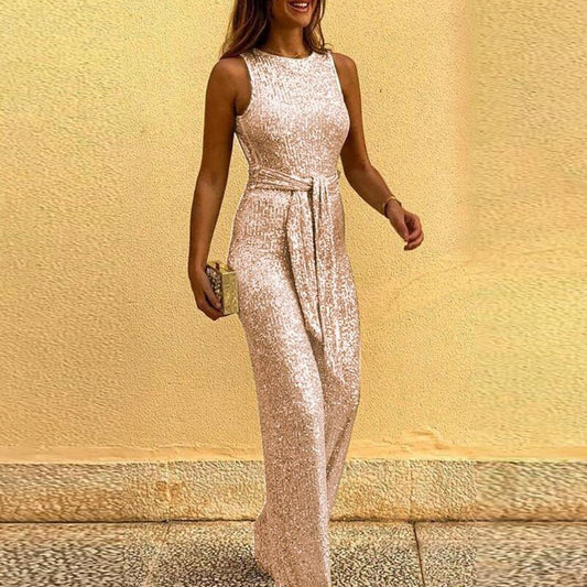 | Sequin Sleeveless Wide-Leg Jumpsuit with Waist Tie