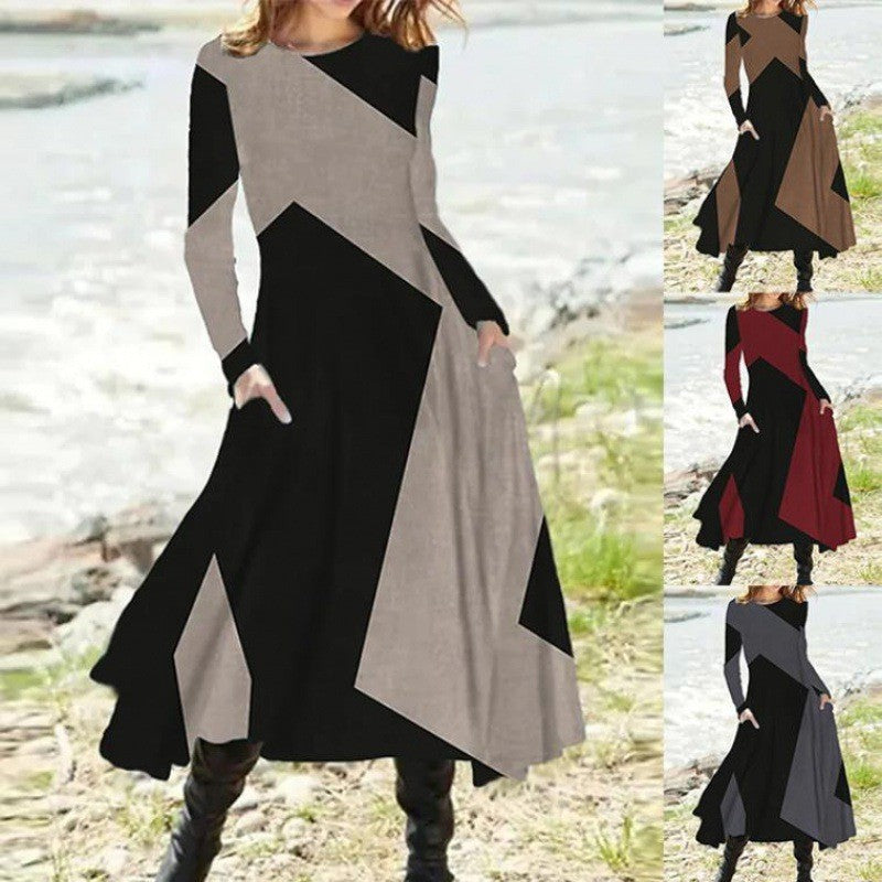 Geometric Patchwork Long Sleeve Pocket Flared A-Line Maxi Dress