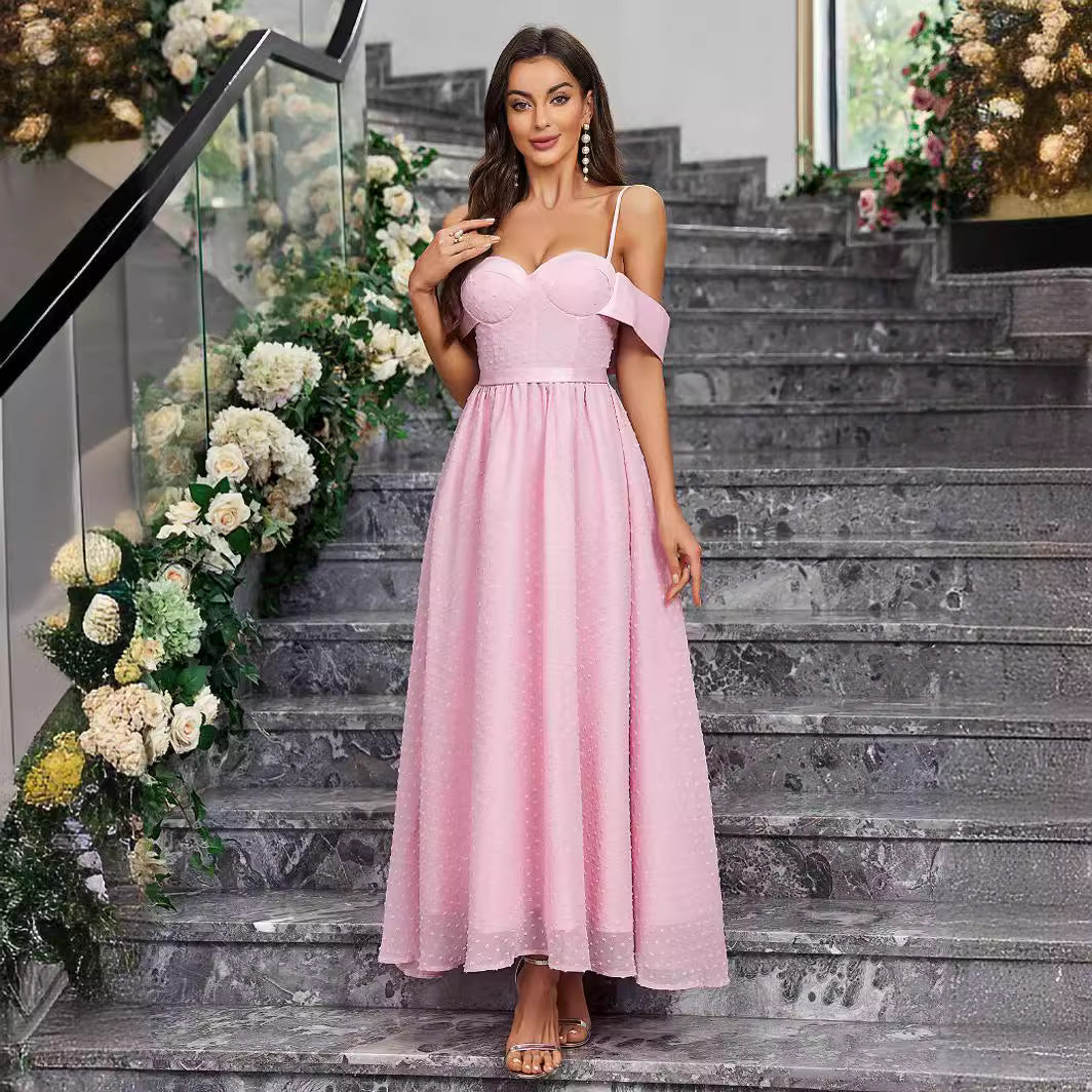 Sweetheart Spaghetti Strap Cold Shoulder Swiss Dot Corset Bodice Maxi Dress