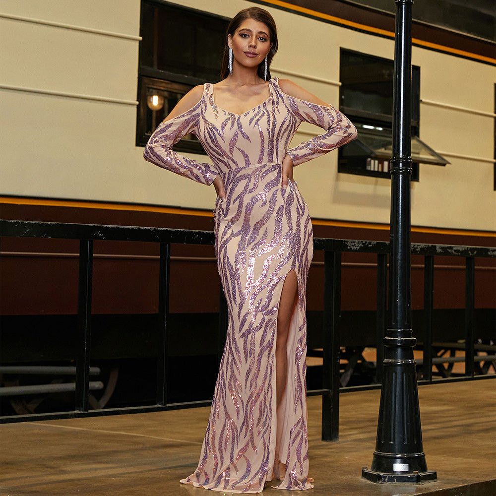 Long Sleeved Elegant Backless Long Sequined U Neck Cocktail Evening Dress Bridesmaid