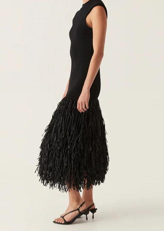 Crew Neck Structured Shoulder Tiered Fringe Hem Bodycon Midi Dress